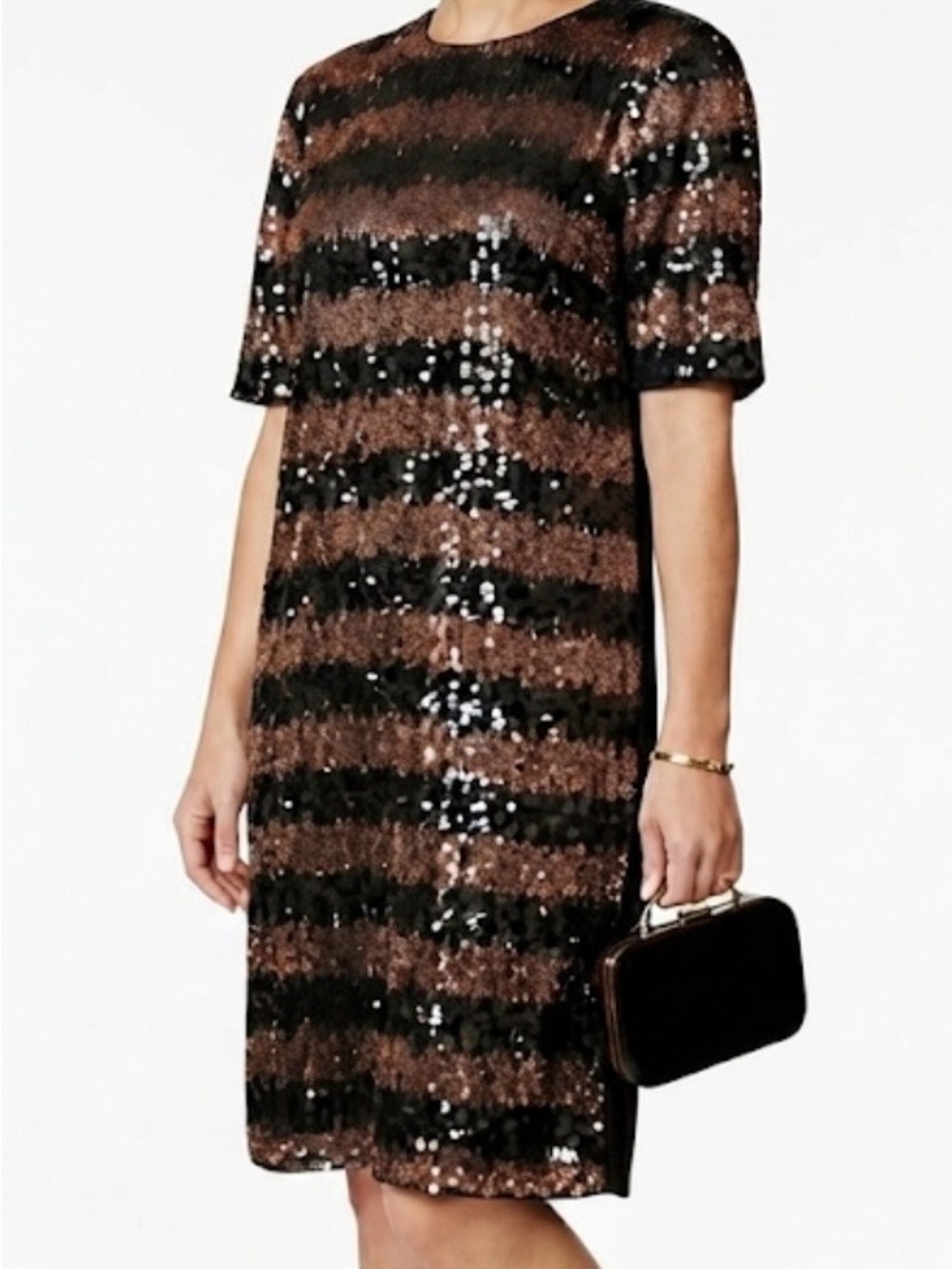Gibson Latimer Metallic Brown and Black Sequin Striped Mini Dress